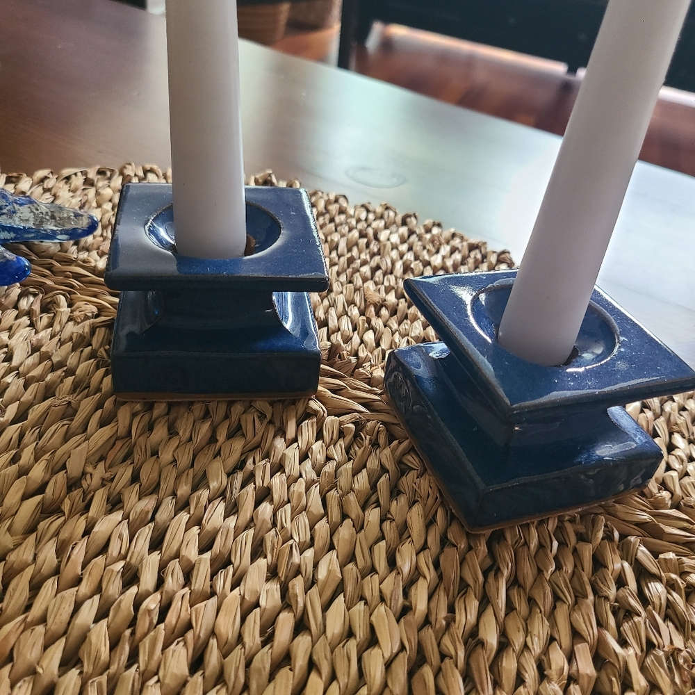 Candle Holders Pottery Blue MCM Studio Pottery Signed Cobalt Blue Square Shape